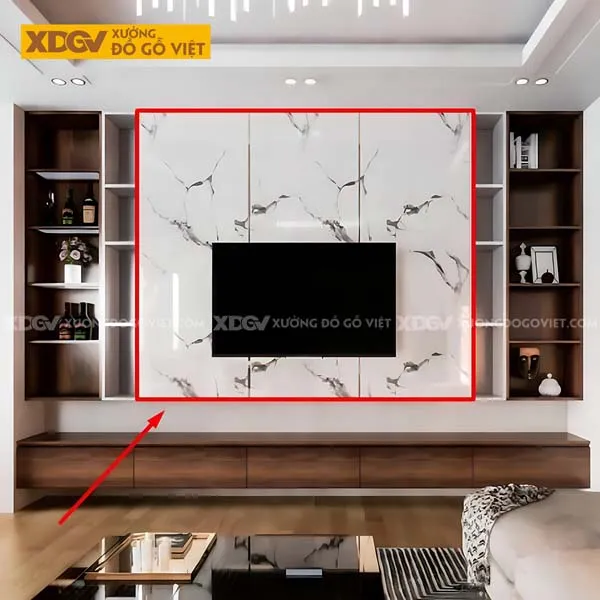 Tủ để tivi phòng khách đẹp kết hợp vách ốp tường liền mạch