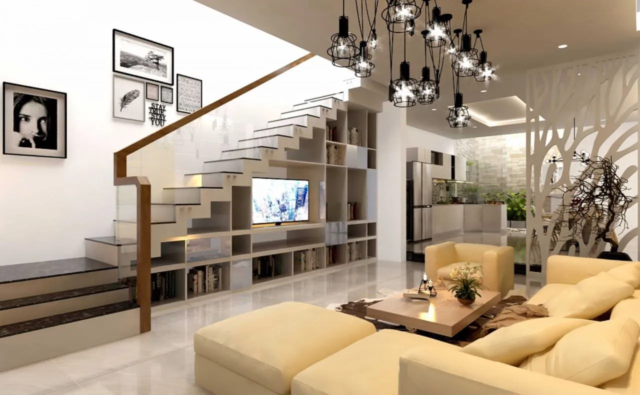 Cầu thang dạng thẳng là lựa chọn tốt nhất khi bố trí kệ tivi