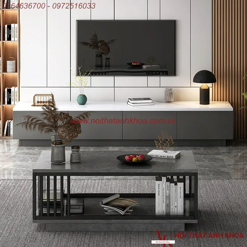 Kệ tivi gỗ công nghiệp màu xám phối trắng phong cách hiện đại đẳng cấp