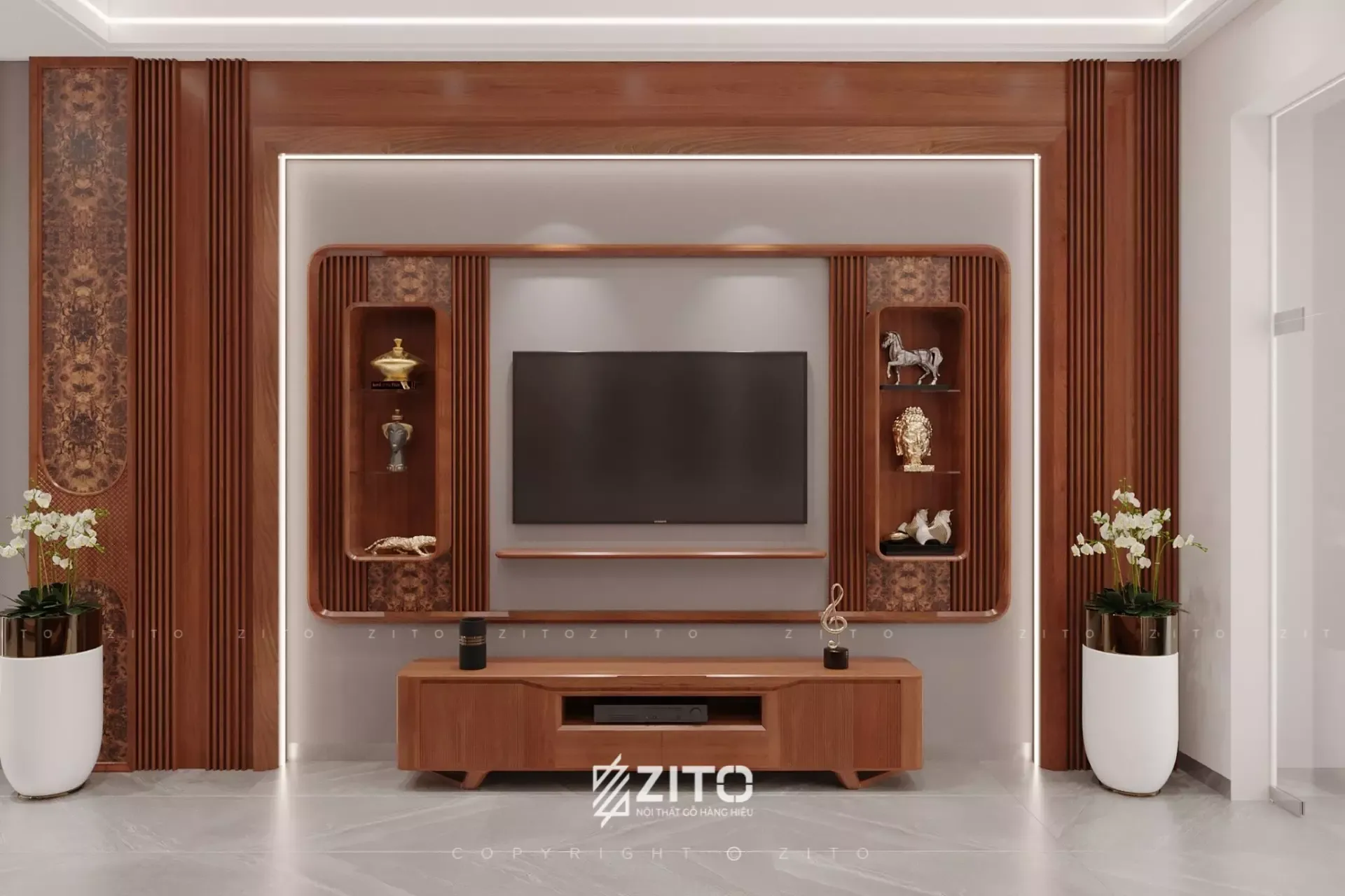 Mẫu kệ tivi gỗ gõ đỏ với đường vân tự nhiên, tạo điểm nhấn ấn tượng