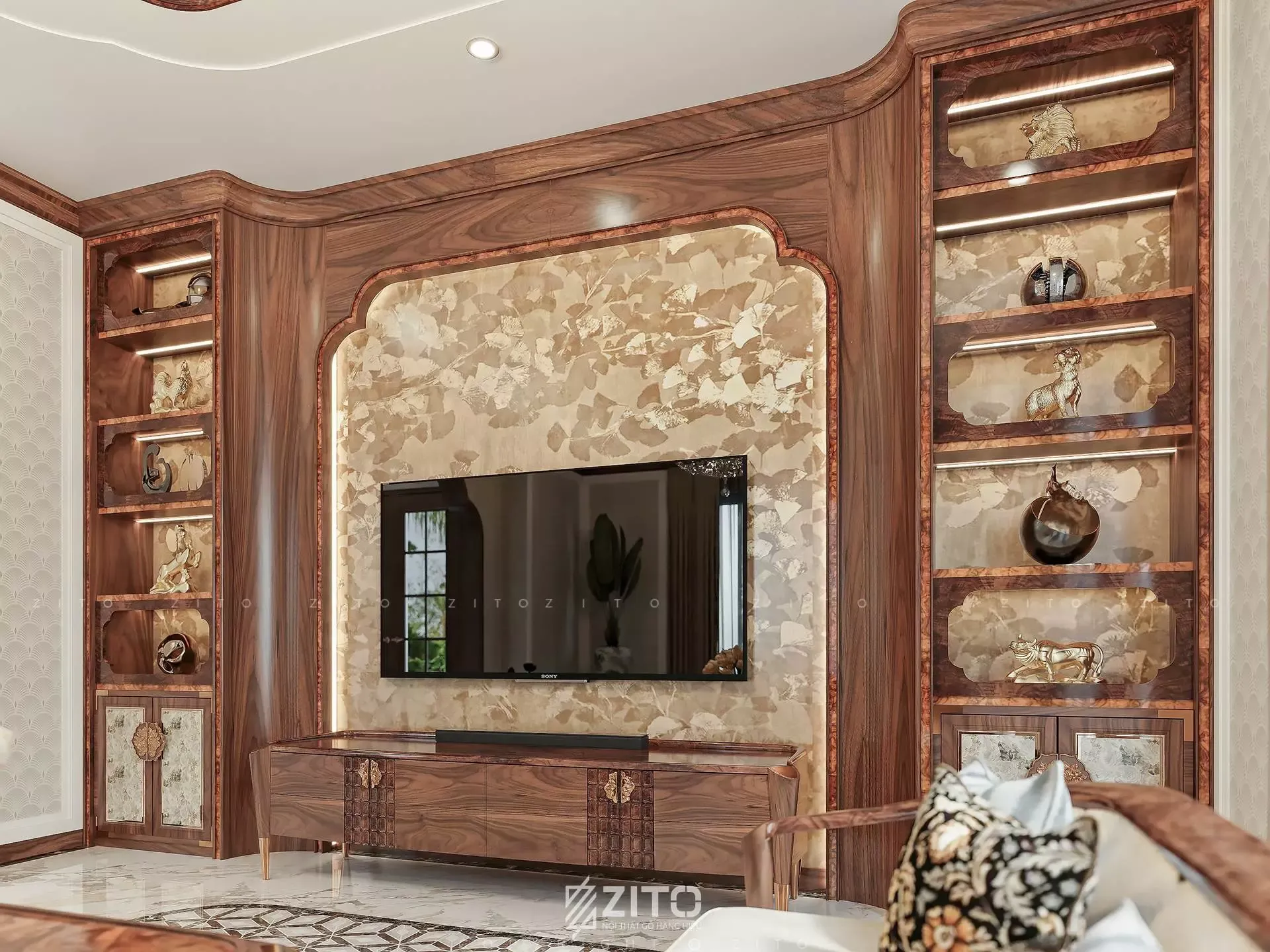 Kệ tivi gỗ phong cách Indochine với họa tiết và màu sắc ấm áp, truyền thống