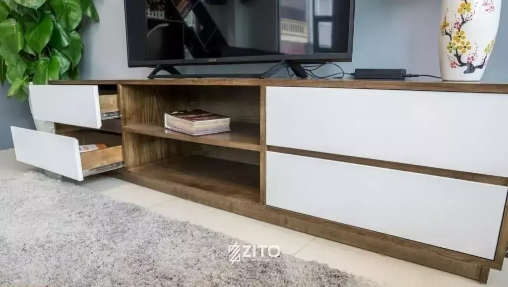 Mẫu kệ tivi gỗ sồi hiện đại, cánh trắng, mang lại cảm giác nhẹ nhàng, tinh tế