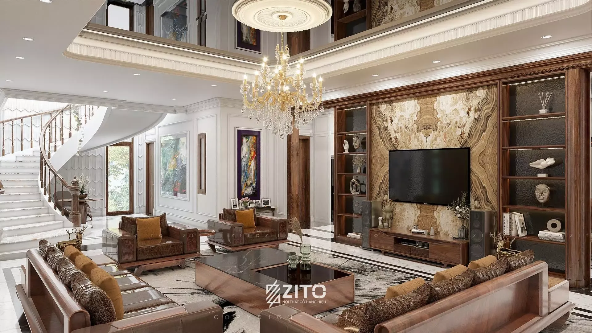 Kệ tivi gỗ tân cổ điển với các đường nét bo cong và chạm khắc tinh xảo