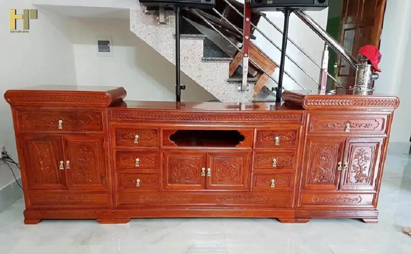 Kệ tivi gỗ xoan đào tự nhiên thiết kế 2 tầng