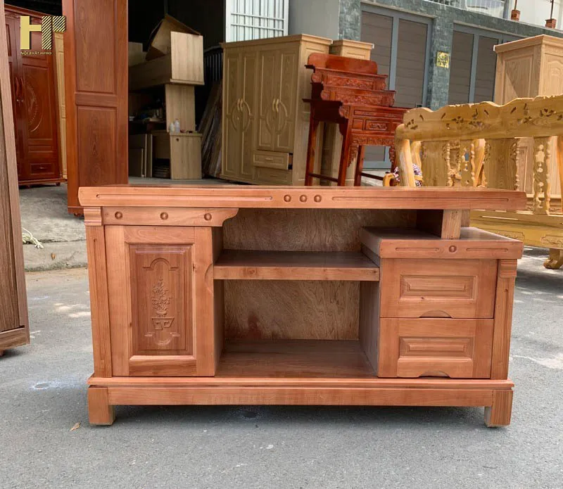Kệ tivi gỗ xoan đào 1m2 thiết kế 2 tầng với ngăn loa