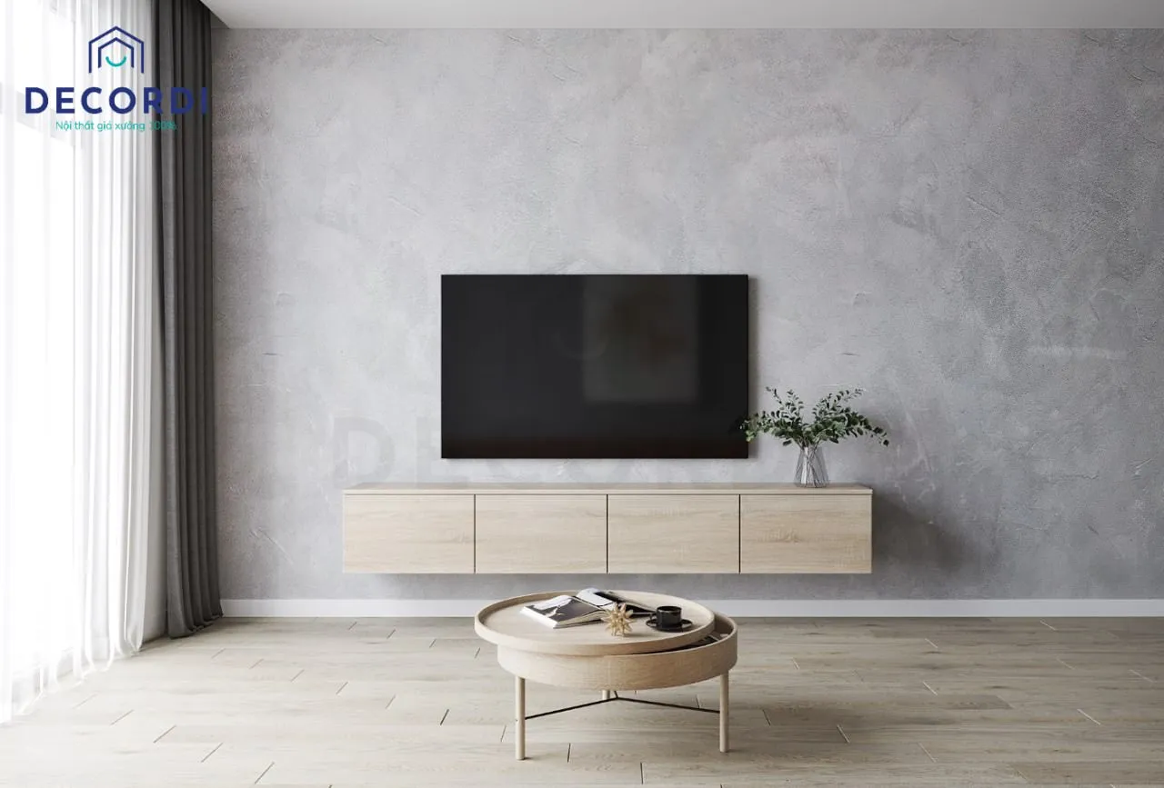 Kệ tivi treo tường tích hợp tủ trang trí, phong cách hiện đại tối giản