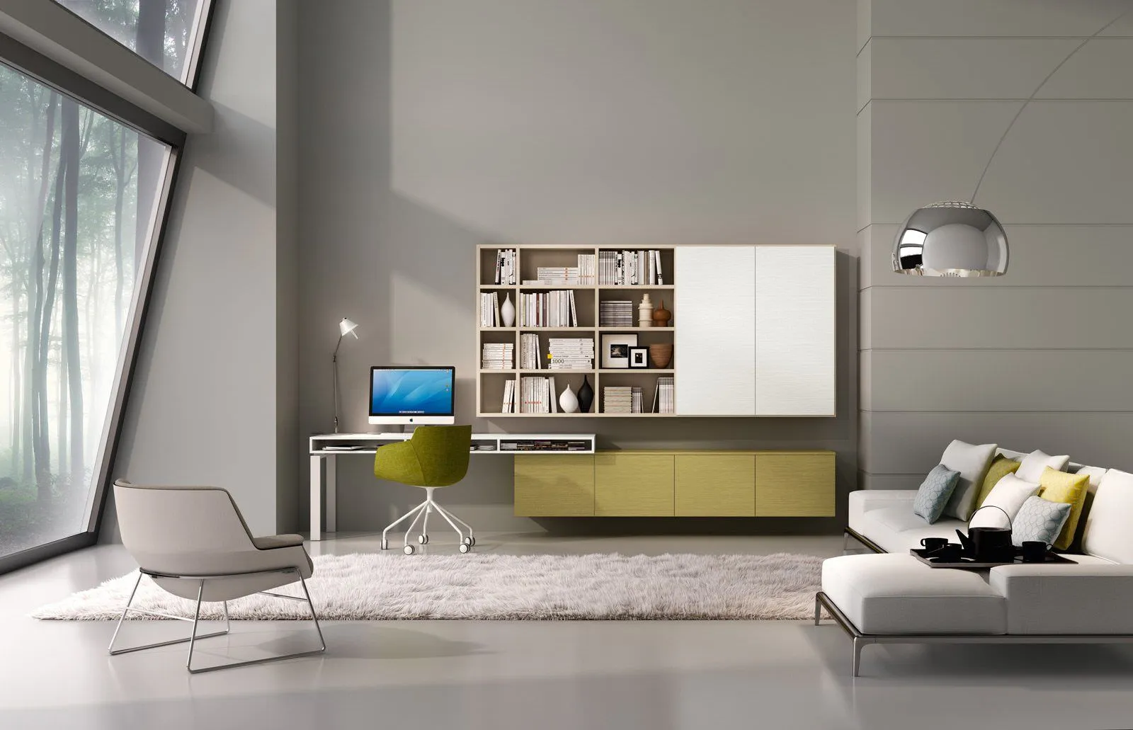 Cách thiết kế bàn làm việc nối liền kệ tivi treo tường với gam màu vàng phối trắng hiện đại, trẻ trung