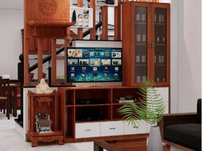 Mẫu kệ tivi kết hợp bàn thờ ông địa bằng gỗ tự nhiên