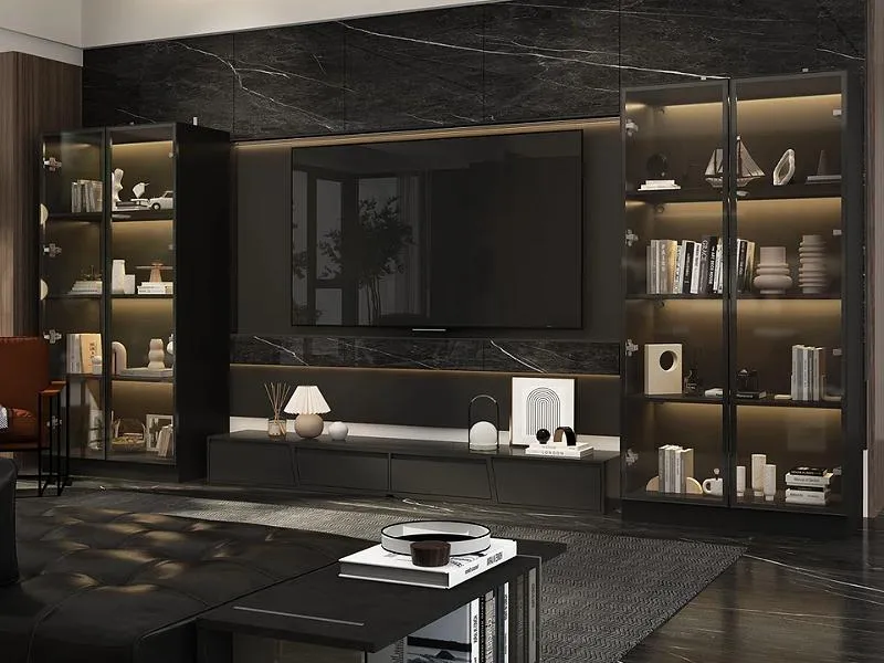 Thiết kế kệ tivi kết hợp tủ sách có đèn LED tạo điểm nhấn sang trọng và quý phái trong không gian