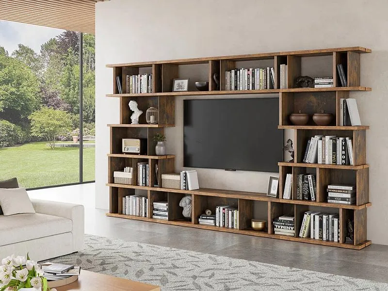 Kệ tivi kết hợp tủ sách gỗ công nghiệp trong không gian phòng khách hiện đại