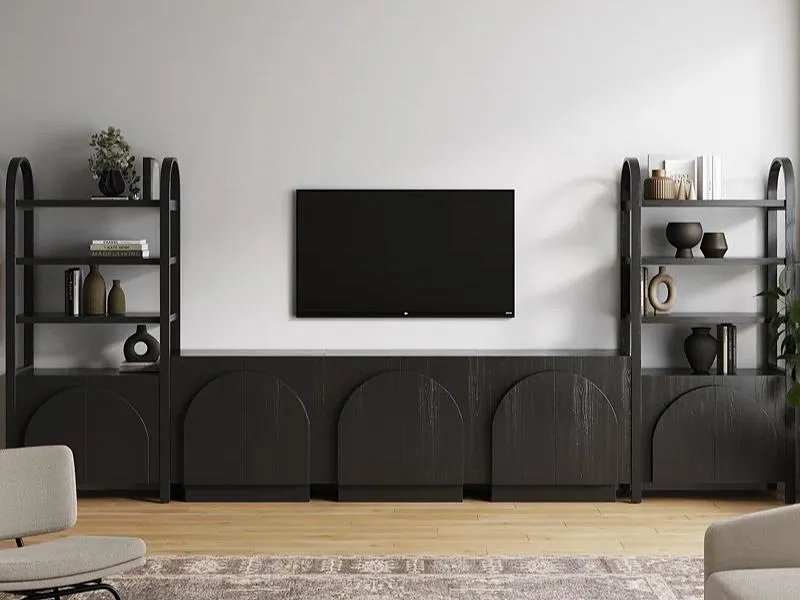 Kệ tivi kèm tủ sách gỗ công nghiệp màu đen được thiết kế tối giản và thanh lịch