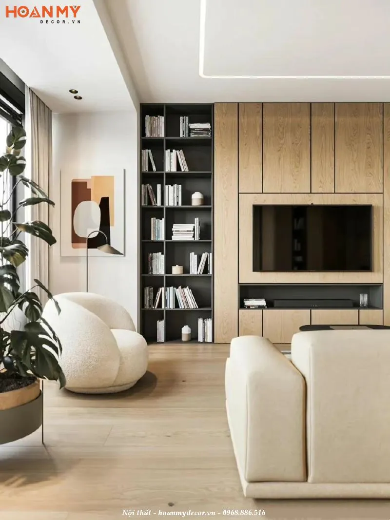 Kệ tivi kết hợp giá sách trong phòng khách