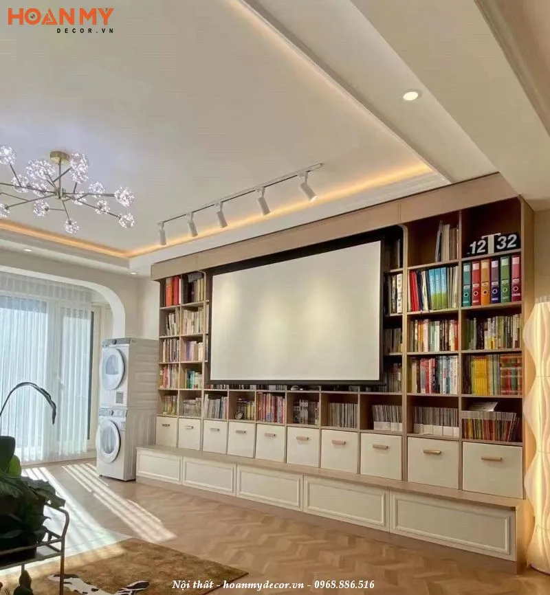 Thi công kệ tivi kết hợp tủ sách gỗ công nghiệp trong phòng khách