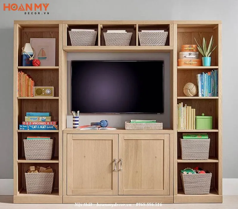 Thiết kế kệ tivi kết hợp tủ sách gỗ công nghiệp hiện đại