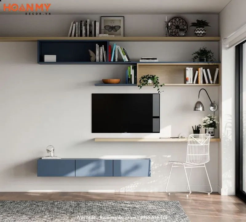 Mẫu thiết kế kệ tivi kết hợp giá sách treo tường