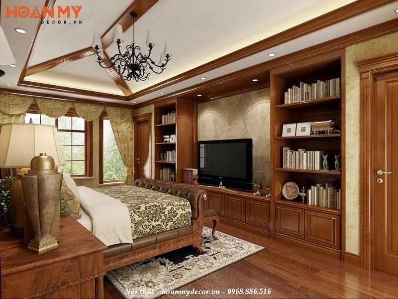 Kệ tivi kết hợp giá sách trong phòng ngủ