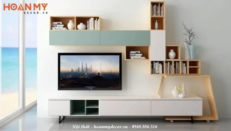 Thiết kế kệ tivi kết hợp tủ sách treo tường hiện đại