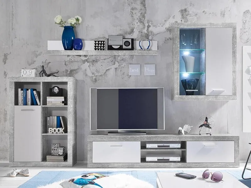Kệ tivi liền tủ rượu phong cách hiện đại, gam màu xám đen, tích hợp đèn LED xanh dương tạo điểm nhấn