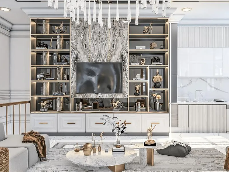 Kệ tivi liền tủ rượu tân cổ điển màu trắng, hoa văn chạm khắc tinh tế, cánh kính khung gỗ