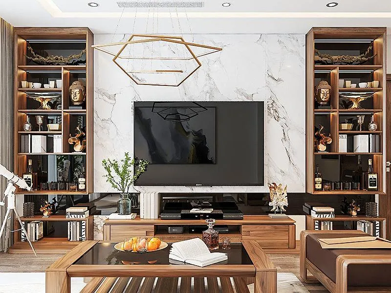 Kệ tivi liền tủ rượu tích hợp đèn LED RGB, tạo không gian ấm cúng buổi tối