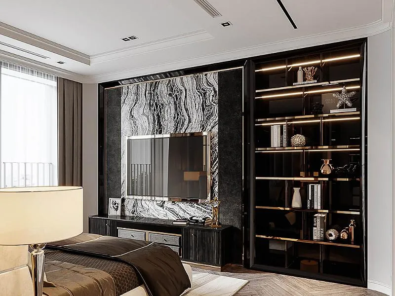 Kệ tivi liền tủ rượu màu xám xanh, xu hướng 2026, gần gũi thiên nhiên