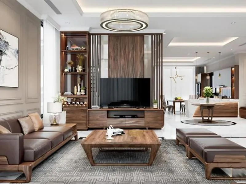 Kệ tivi liền tủ rượu kiêm vách ngăn phòng khách và bếp, thiết kế thông minh tiết kiệm diện tích