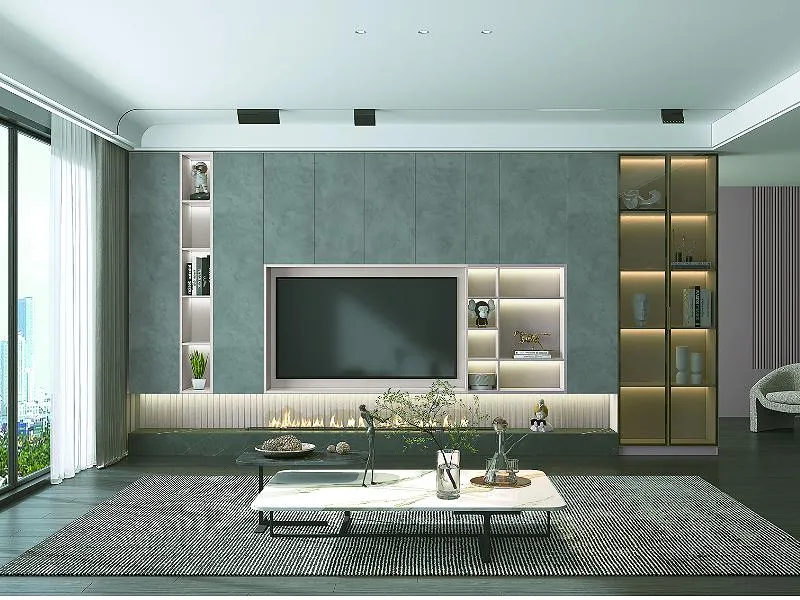 Kệ tivi liền tủ rượu âm tường, tạo điểm nhấn sang trọng cho phòng khách