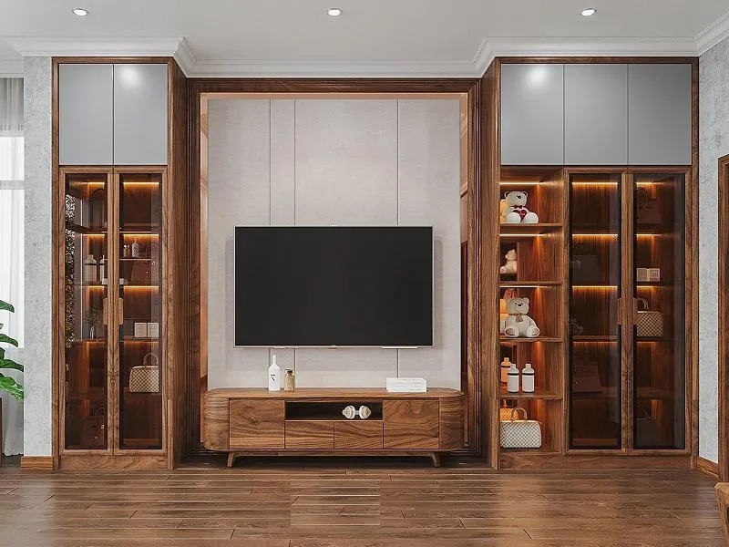 Kệ tivi liền tủ rượu gỗ công nghiệp phủ melamine màu trắng, thiết kế tối giản phong cách Scandinavian