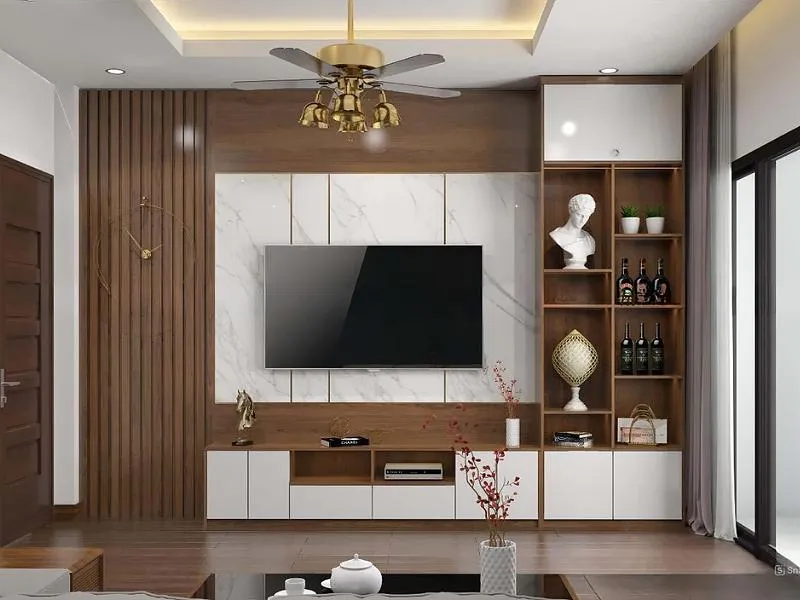 Kệ tivi liền tủ rượu kịch trần, tận dụng tối đa chiều cao phòng, thiết kế hiện đại