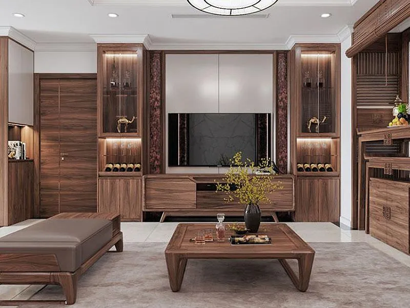 Kệ tivi liền tủ rượu cánh kính cường lực trong suốt, trưng bày chai rượu sang trọng