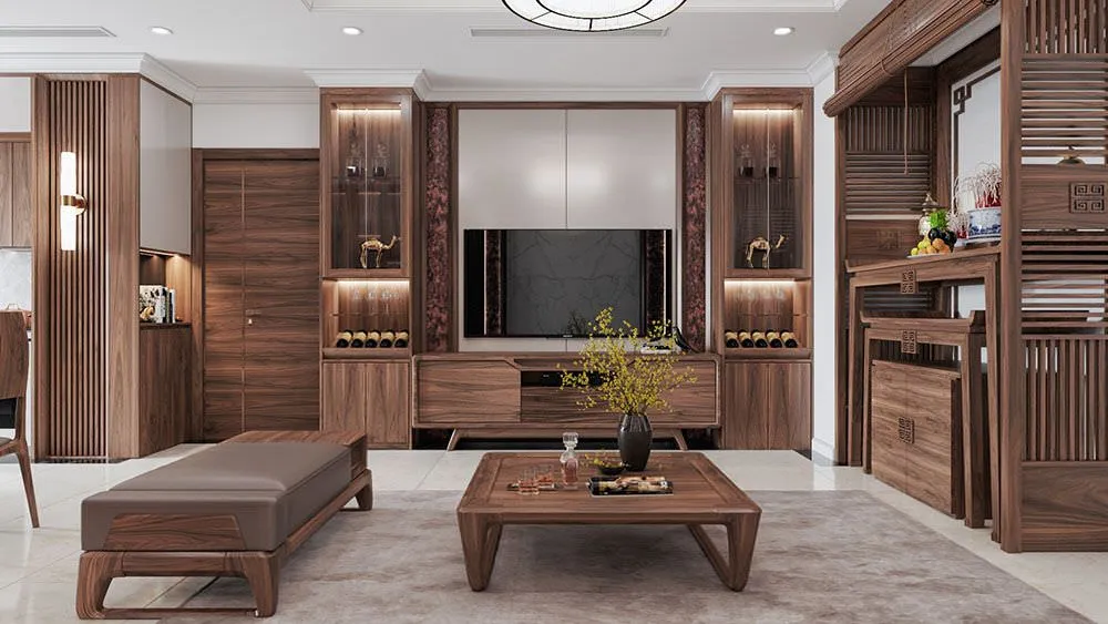 Mẫu kệ tivi kết hợp tủ rượu gỗ óc chó sang trọng