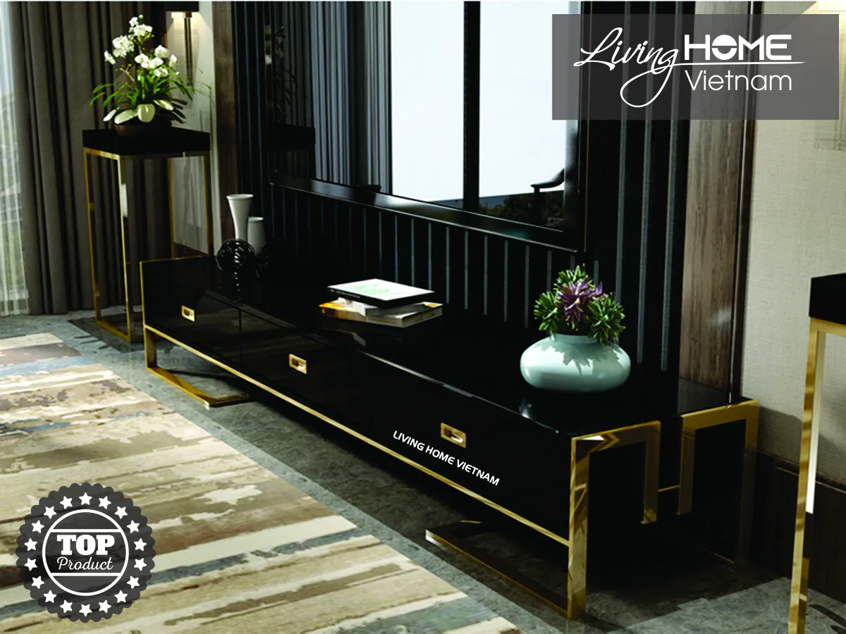 Kệ tivi kính cường lực Luxury Gold LVH-617 với khung mạ vàng sang trọng