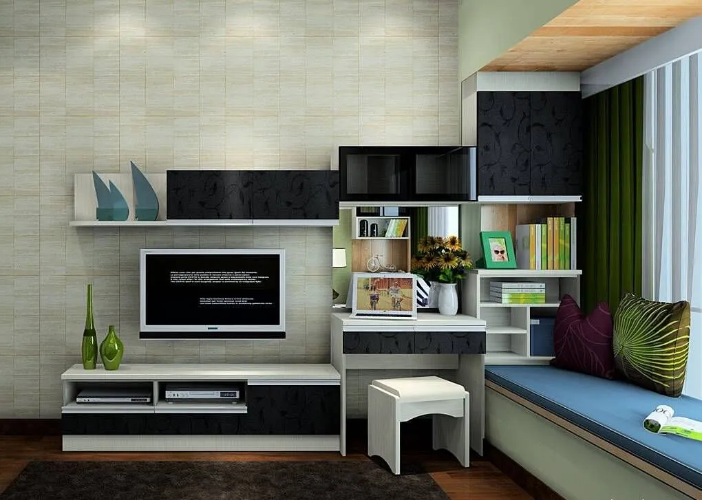 Kệ tivi kết hợp bàn làm việc gỗ công nghiệp màu trắng sạch sẽ, tinh tế đặt gần bức đọc sách phòng ngủ tiện nghi