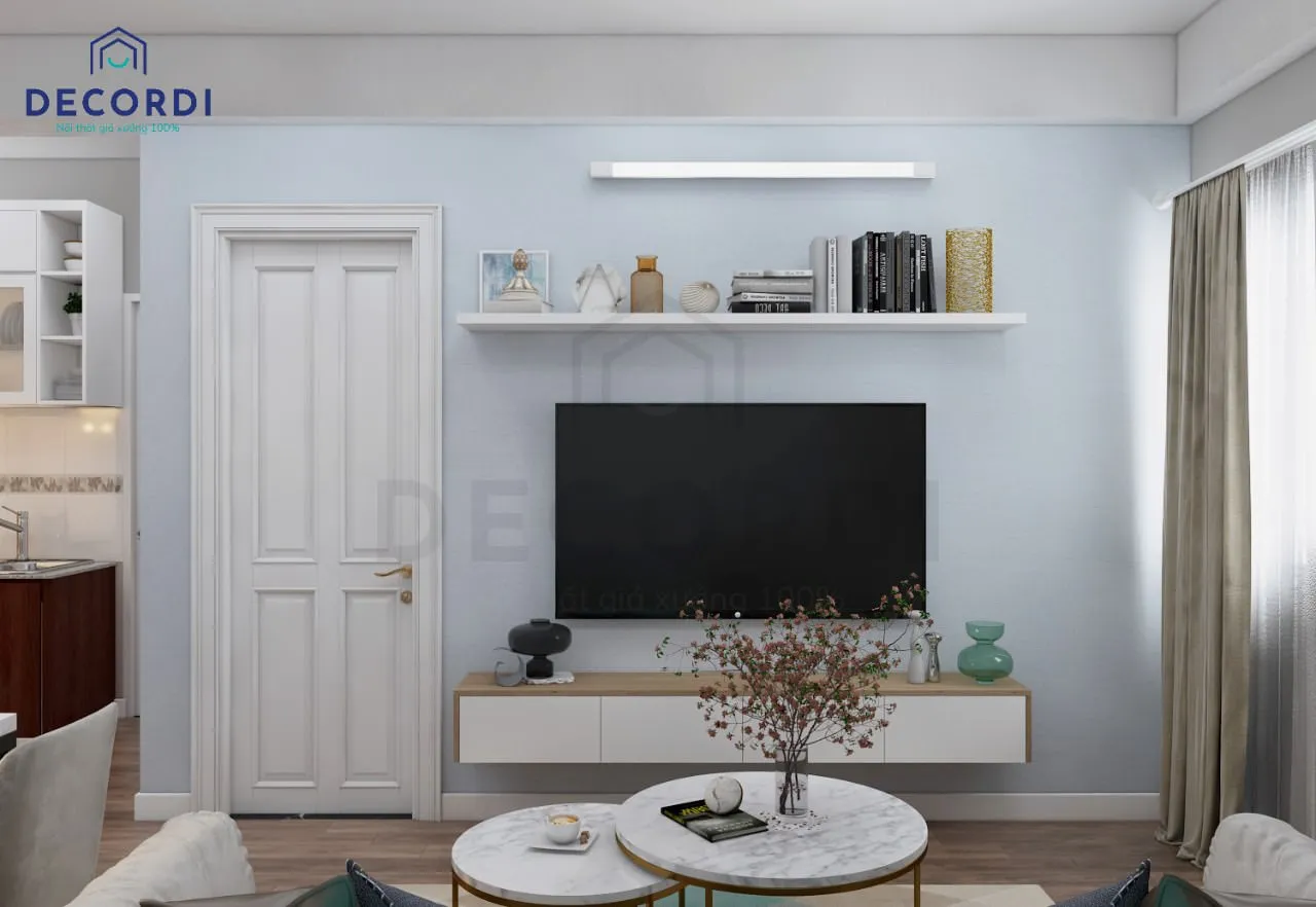 Kệ tivi treo tường phong cách tân cổ điển, gỗ sồi Nga sơn PU bóng mờ