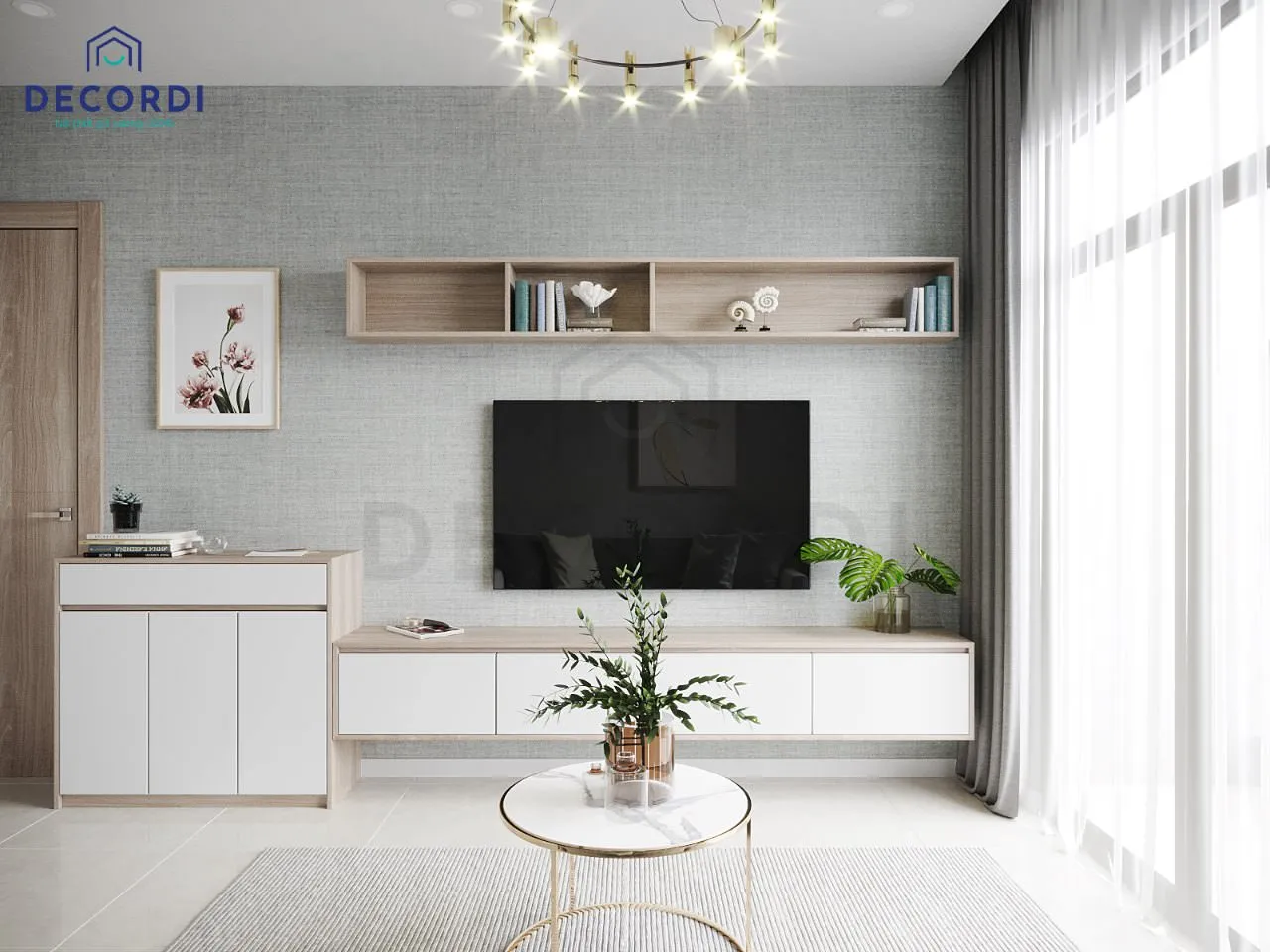 Kệ tivi treo tường gỗ công nghiệp HDF phủ veneer óc chó, phong cách Japandi