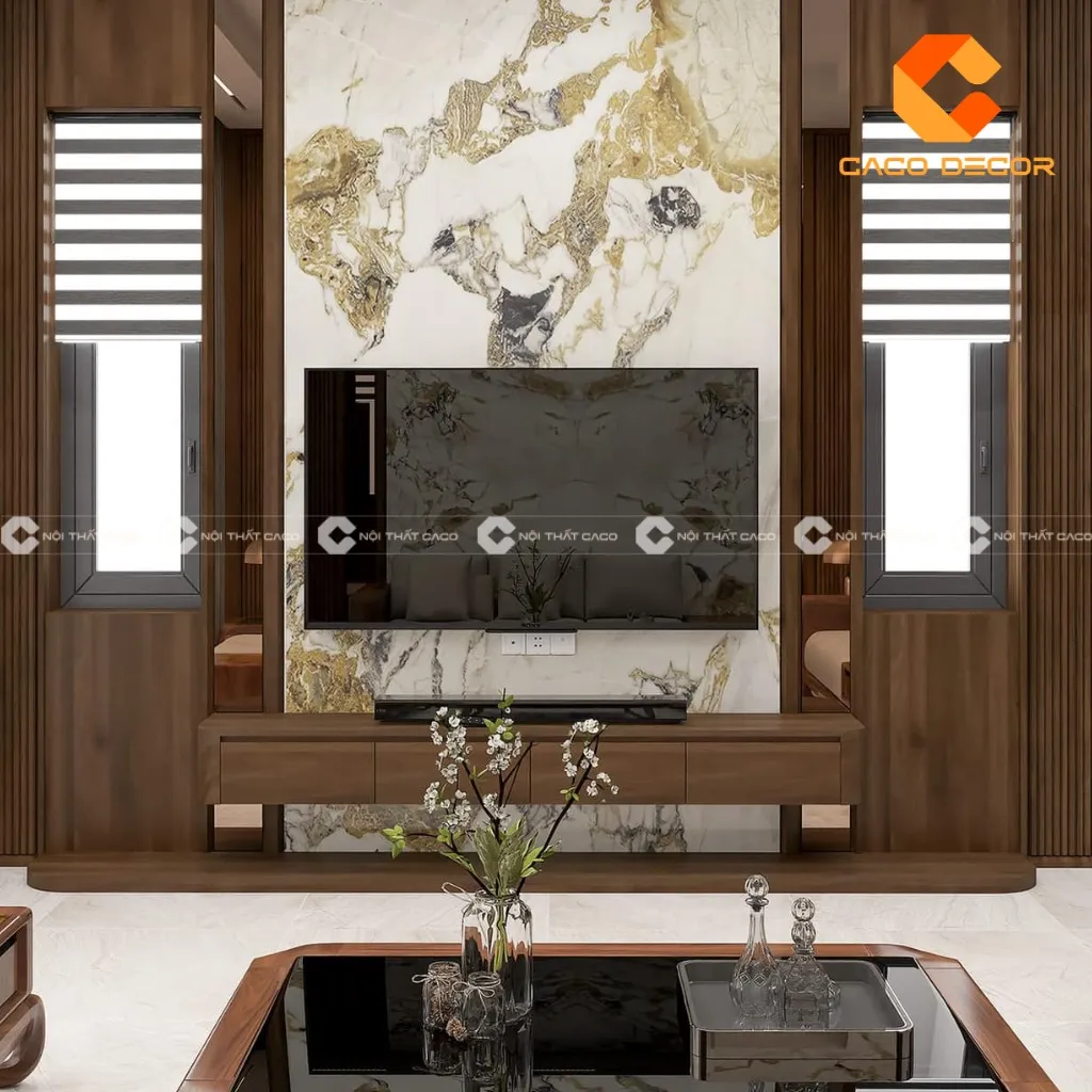 Kệ tivi treo gỗ óc chó được dùng phổ biến cho nội thất phòng khách hiện đại