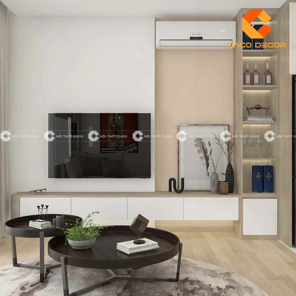 Mẫu kệ tivi với tông màu trung tính tạo nên một không gian sống hài hòa