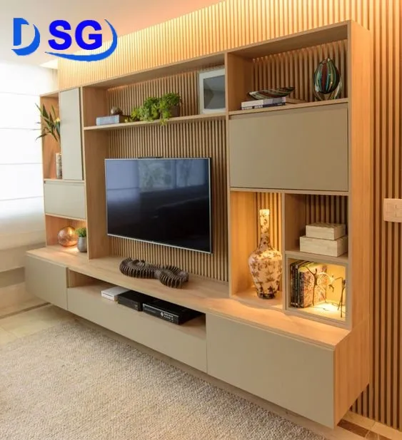 Mẫu tủ kệ tivi gỗ đẹp được đặt dưới đất, dễ dàng di chuyển và trang trí