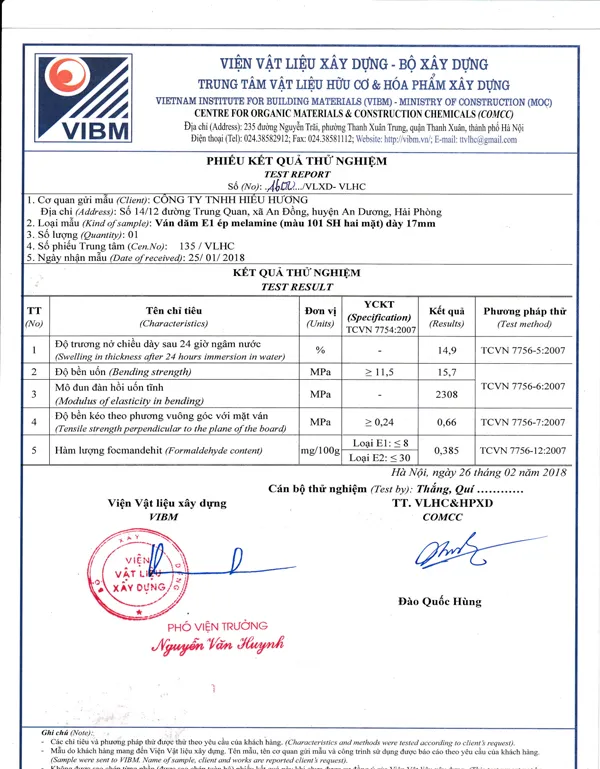 Kết quả kiểm định sản phẩm gỗ ván dăm phủ Melamine