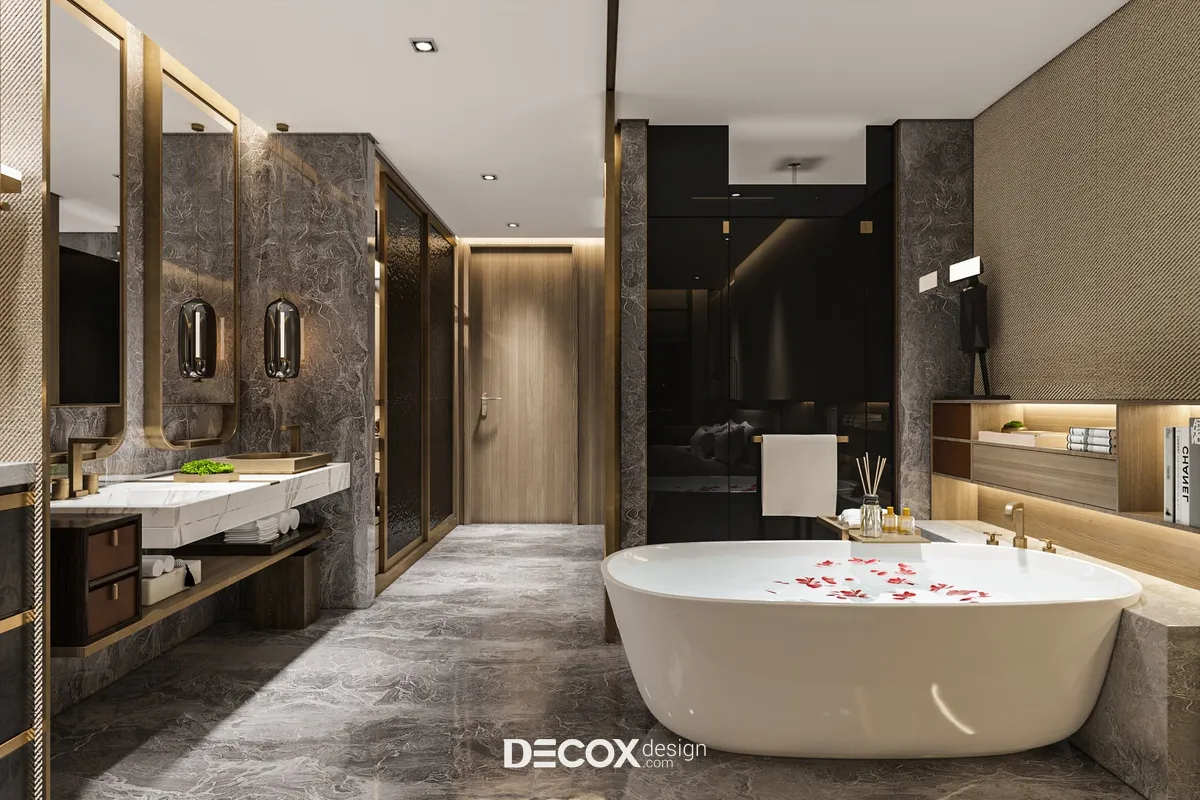 Tủ quần áo khách sạn cửa lùa bố trí trong không gian phòng tắm