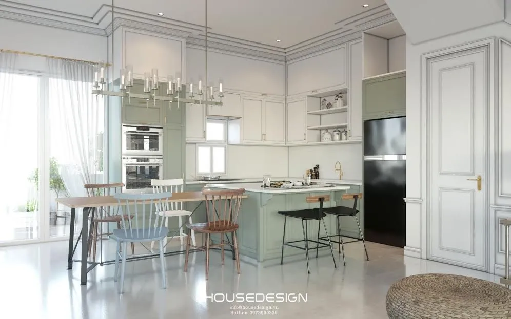 mẫu không gian liên thông phòng khách bếp