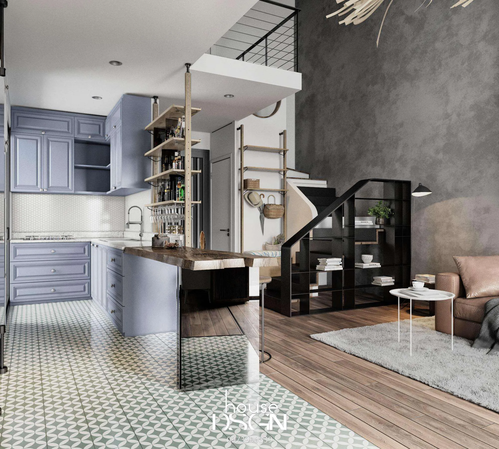 thiết kế không gian mở cho phòng khách và bếp