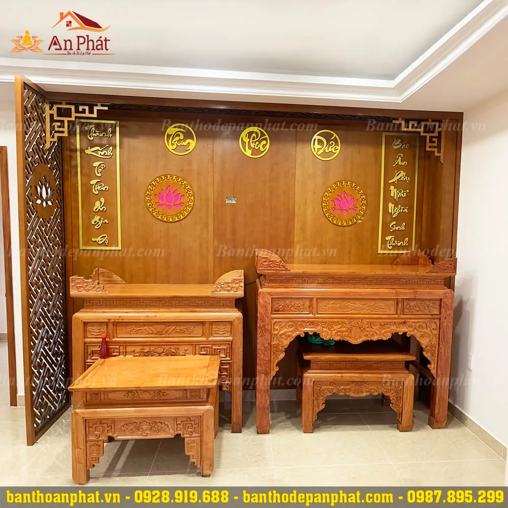 Không gian phòng thờ gỗ Hương sang trọng, thiết kế hiện đại, tôn nghiêm