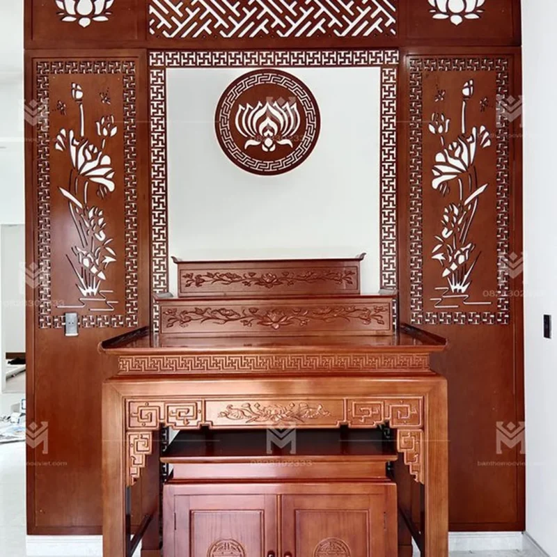 Không gian phòng thờ gia tiên ấm cúng kết hợp vách ốp hiện đại
