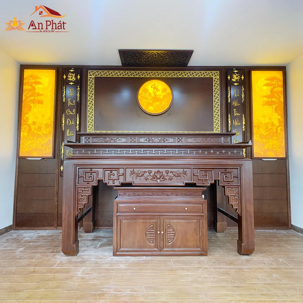 Phòng thờ hiện đại gỗ Gụ cao cấp, thiết kế tích hợp tủ thờ và hệ thống chiếu sáng âm