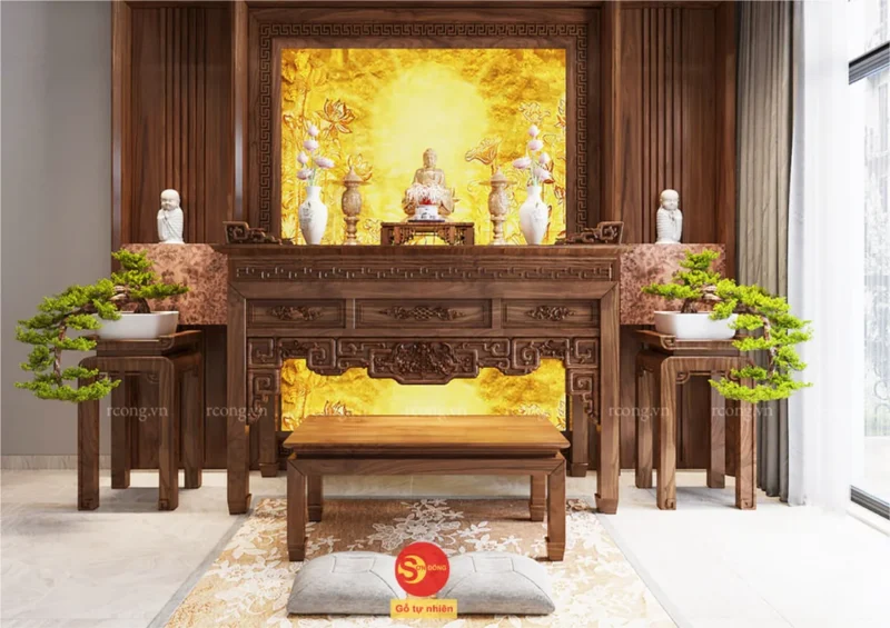 Không gian phòng thờ gỗ óc chó cao cấp sang trọng