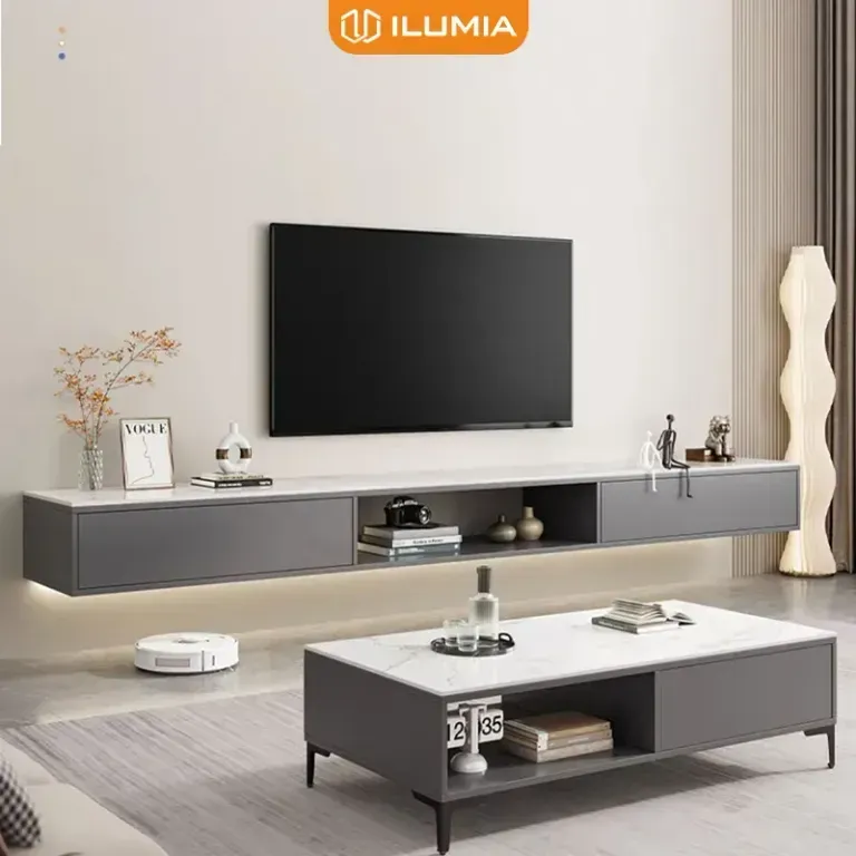 Kệ tivi treo tường màu đen vân đá trắng — phong cách sang trọng hiện đại