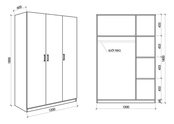 Kích thước tủ quần áo 3 cánh phổ biến