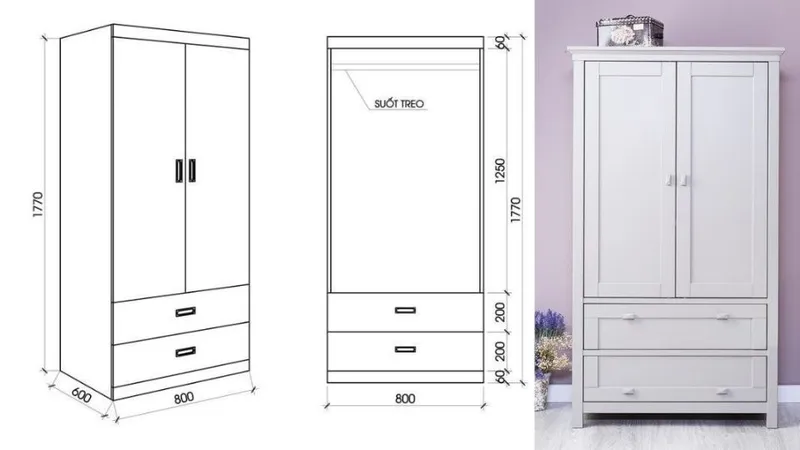 Mẫu tủ quần áo 2 cánh thường dùng cho không gian nhỏ hẹp