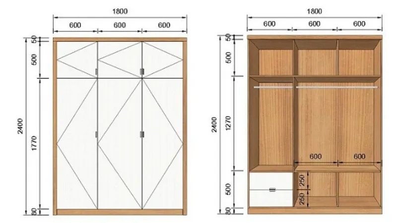 Chi tiết kích thước tủ quần áo 3 cánh và cấu tạo bên trong